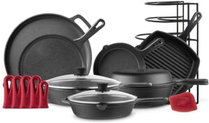 Cast Iron Cookware 11-Pc Set - 8" Skillet + 10"+12" Skillets with Glass Lid