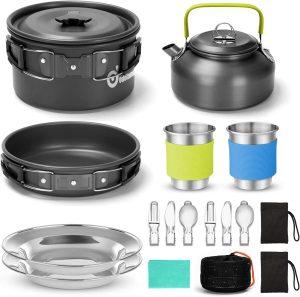 Odoland 15pcs Camping Cookware Mess Kit, Non-Stick Lightweight Pot Pan Kettle Set