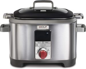 Wolf Gourmet Programmable 6-in-1 Multi Cooker with Temperature Probe, 7 qrt, Slow Cook, Rice, Sauté, Sear, Sous Vide, Stainless Steel, Red Knob